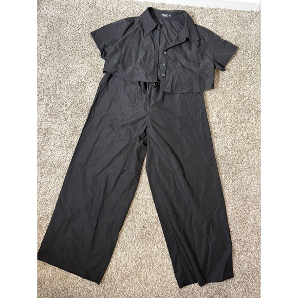 SHEIN 2 Piece Black Lounge Set Crop Button Top Wide Leg Pants 0X Plus - Picture 4 of 8